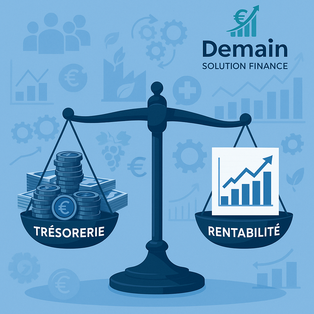 Balance + Barres de progression représentant trésorerie et rentabilité en entreprise – Demain Solution Finance